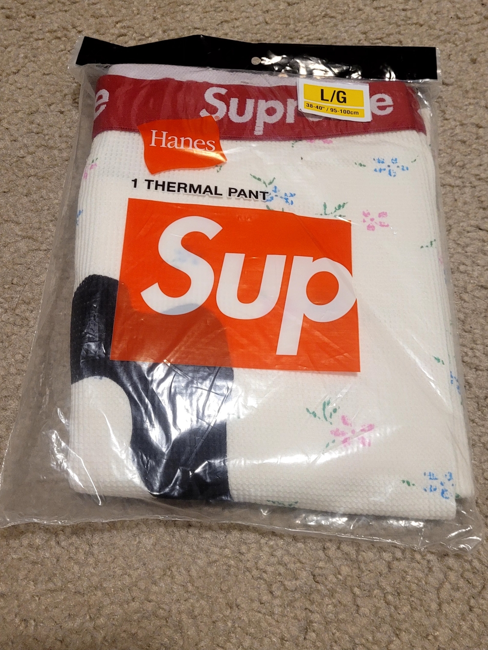 Hanes White Thermal Pant with Red Waistband and Multicolor Floral Accents